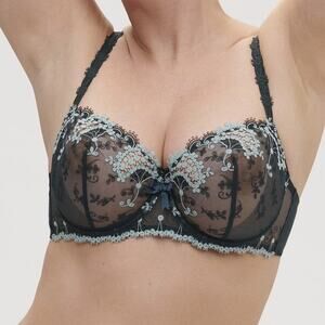 Simone Perle Wish Sheer Demi Bra Sz 36C Kolsai Green Embroidered Floral Jaquard